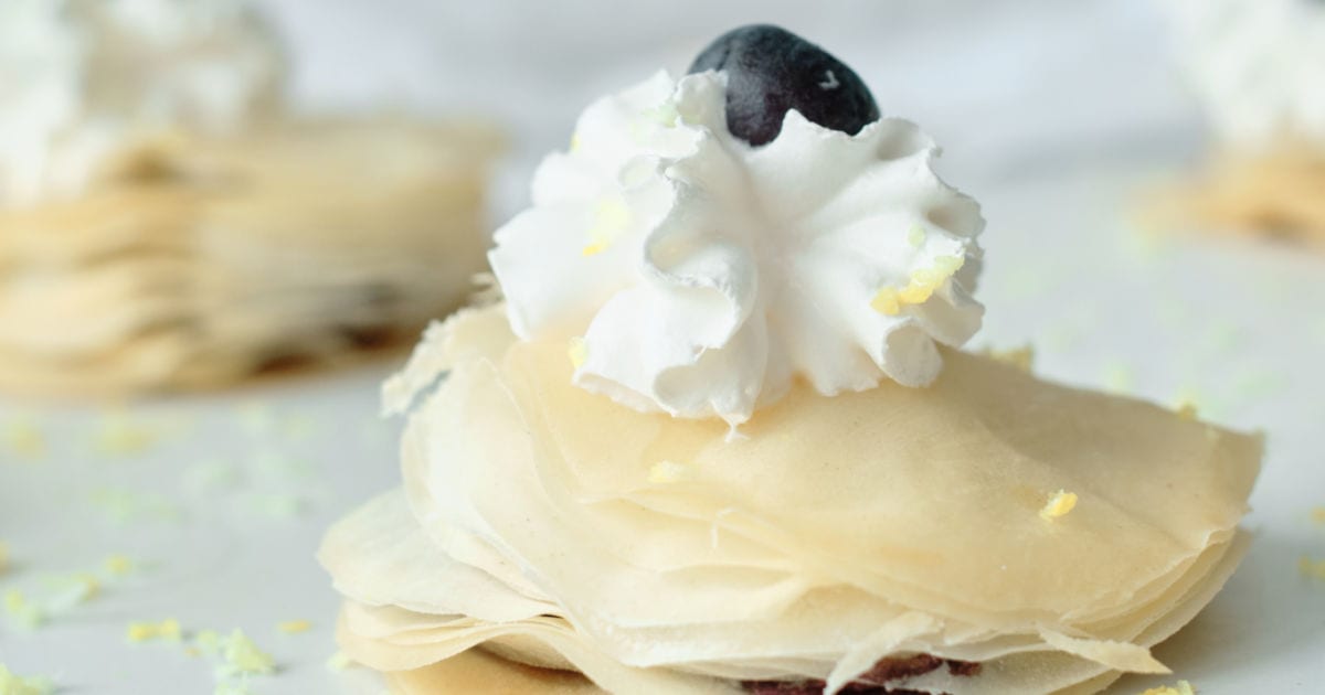blueberry filo stacks with whipped cream.