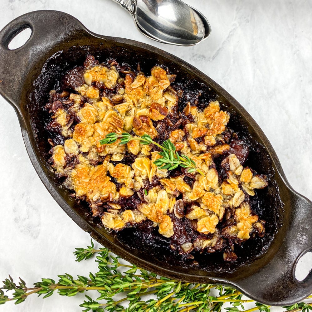 easy cherry crisp baked in cast iron