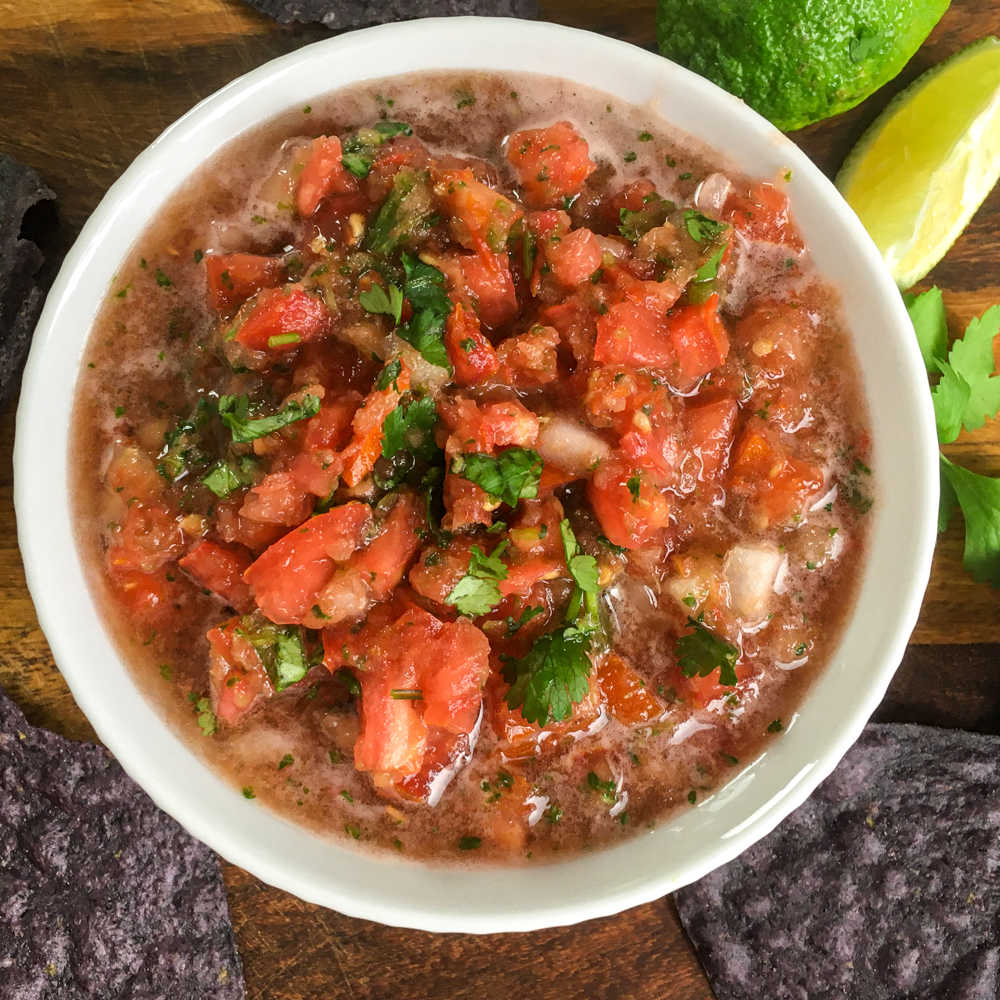 homemade salsa and blue corn tortilla chips.