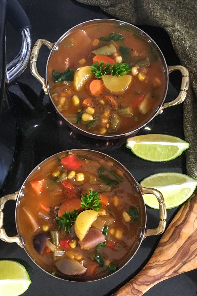 Nourishing fresh vegetables are the star of this slow cooker veggie soup, so the vegan dish is a tasty comfort food lunch or dinner. 