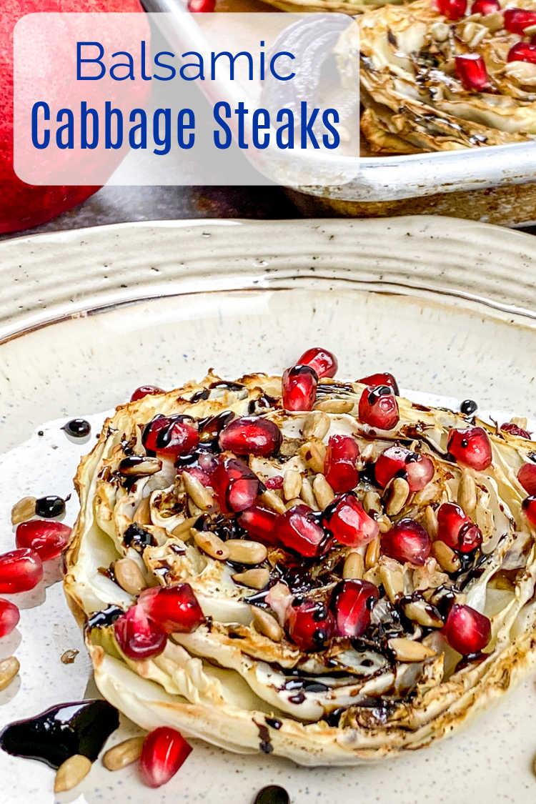 Your family will love eating their veggies, when you make these beautiful balsamic cabbage steaks topped with pomegranate arils.