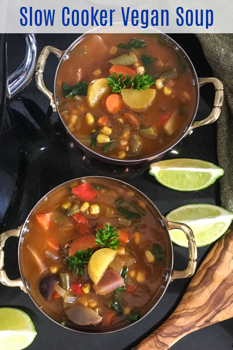 Nourishing fresh vegetables are the star of this slow cooker veggie soup, so the vegan dish is a tasty comfort food lunch or dinner. 