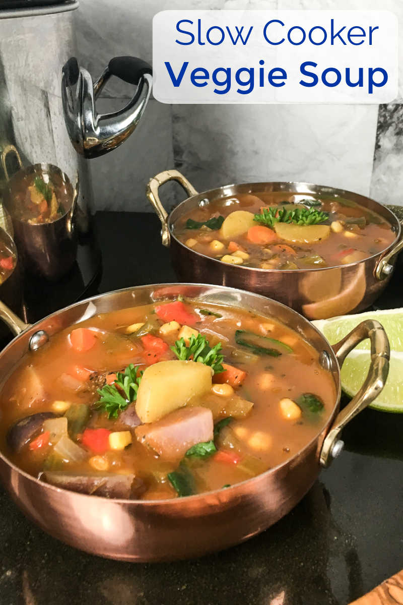 Nourishing fresh vegetables are the star of this slow cooker veggie soup, so the vegan dish is a tasty comfort food lunch or dinner. 