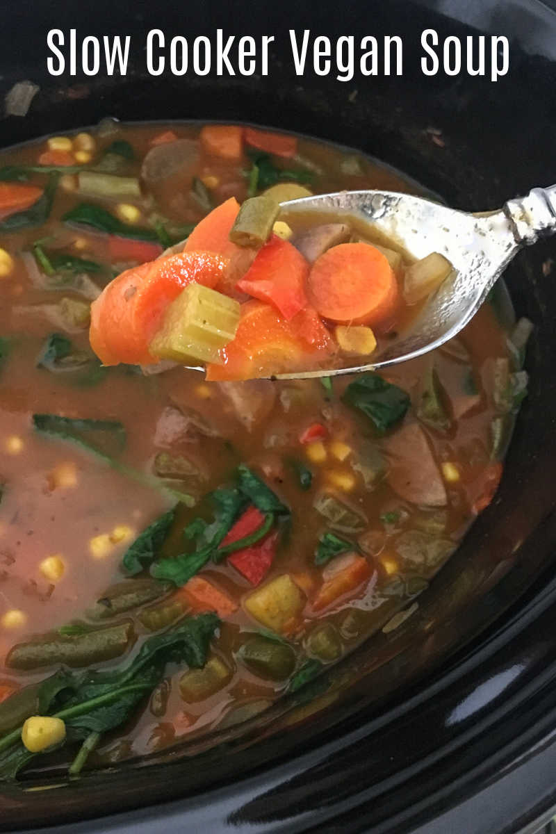 Nourishing fresh vegetables are the star of this slow cooker veggie soup, so the vegan dish is a tasty comfort food lunch or dinner. 