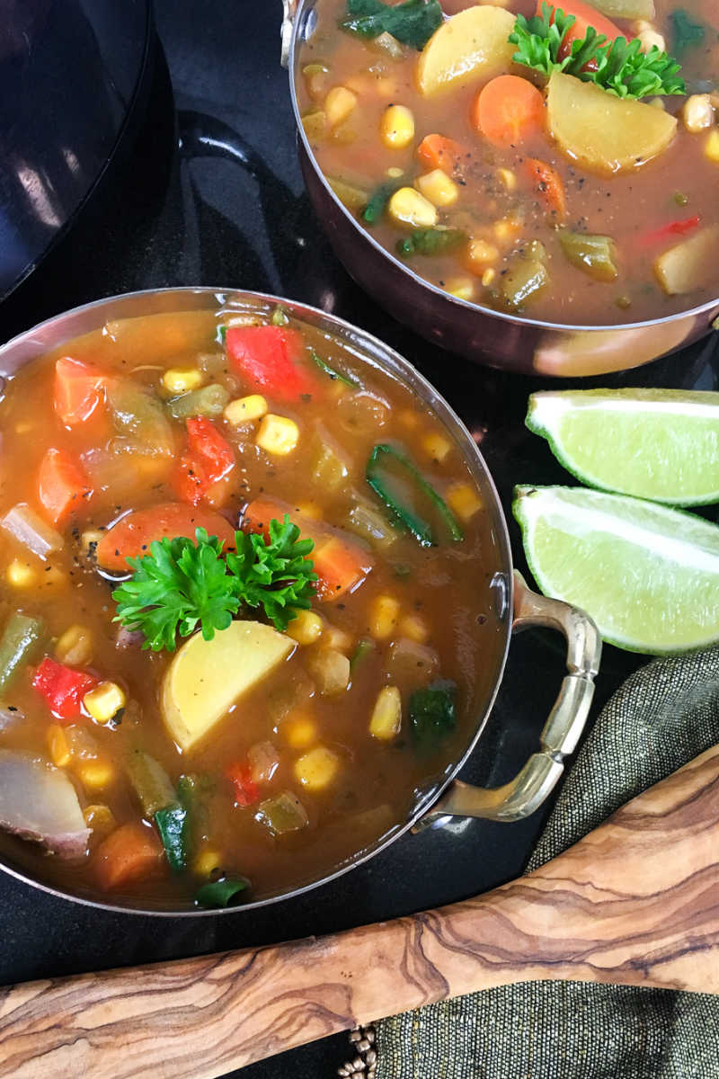 Nourishing fresh vegetables are the star of this slow cooker veggie soup, so the vegan dish is a tasty comfort food lunch or dinner. 