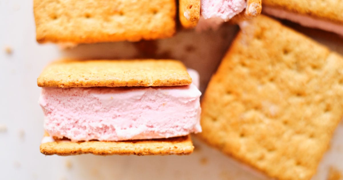 several homemade strawberry ice cream sandwiches.