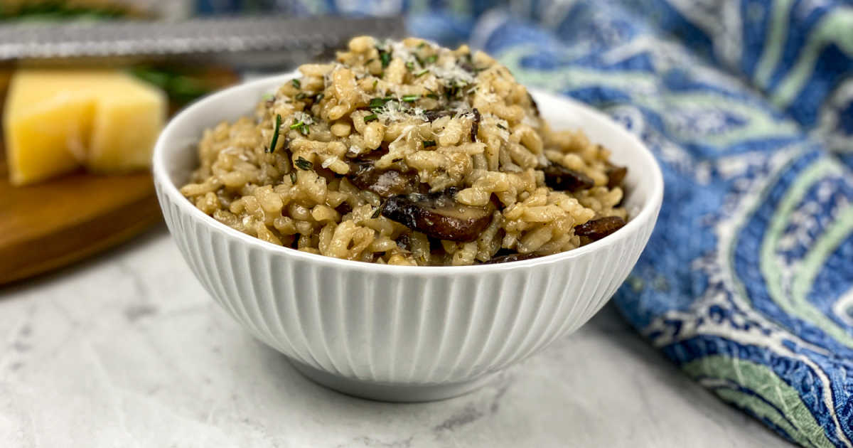 bowl of vegetarian mushroom risotto.