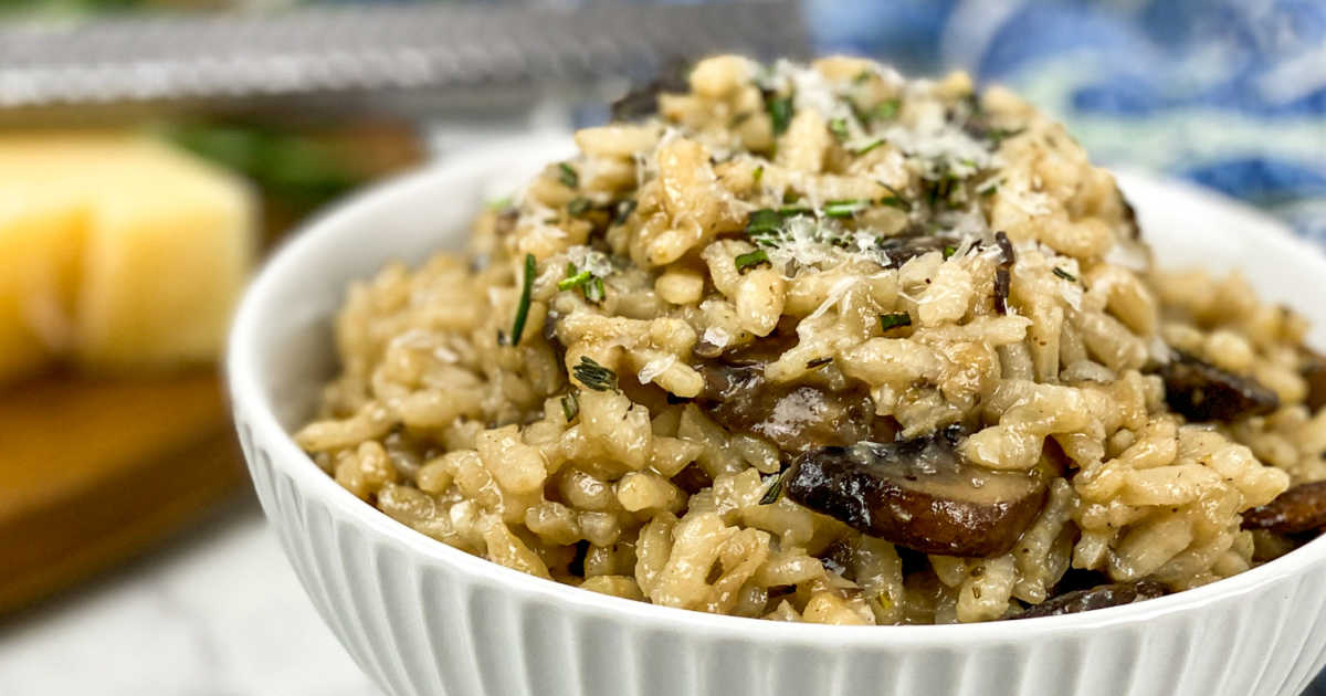 white bowl of vegetarian mushroom risotto.