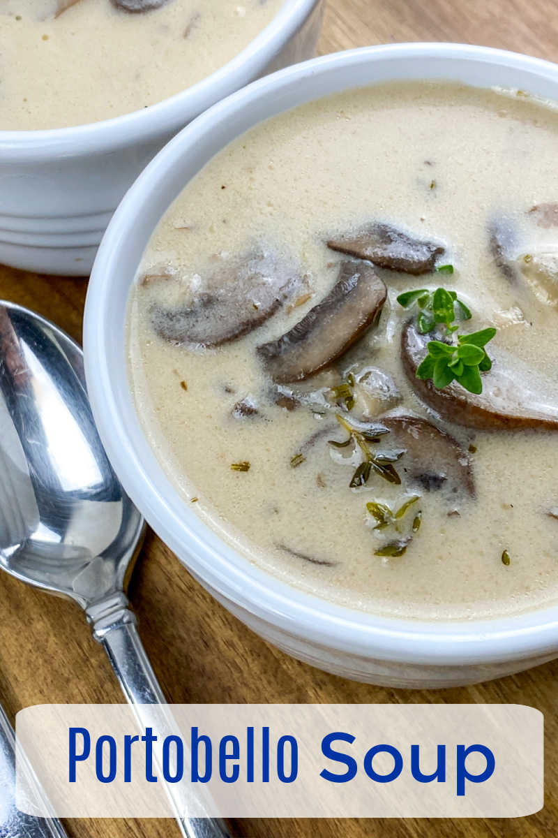 creamy portobello mushroom soup in white bowl. 