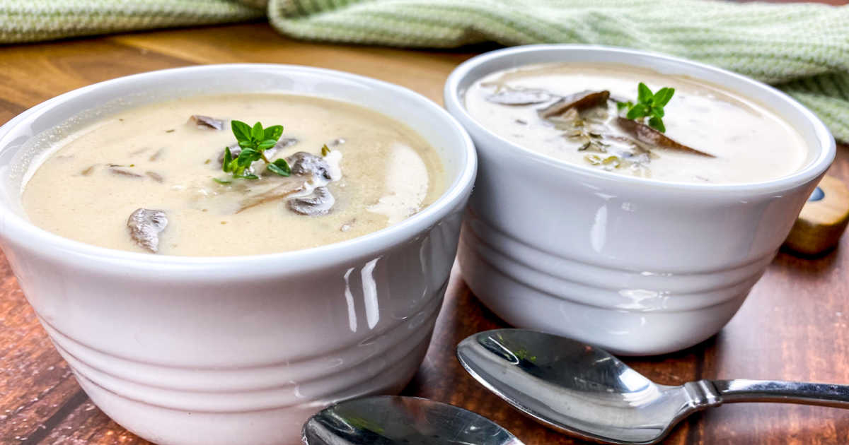 two bowls of portobello mushroom soup.