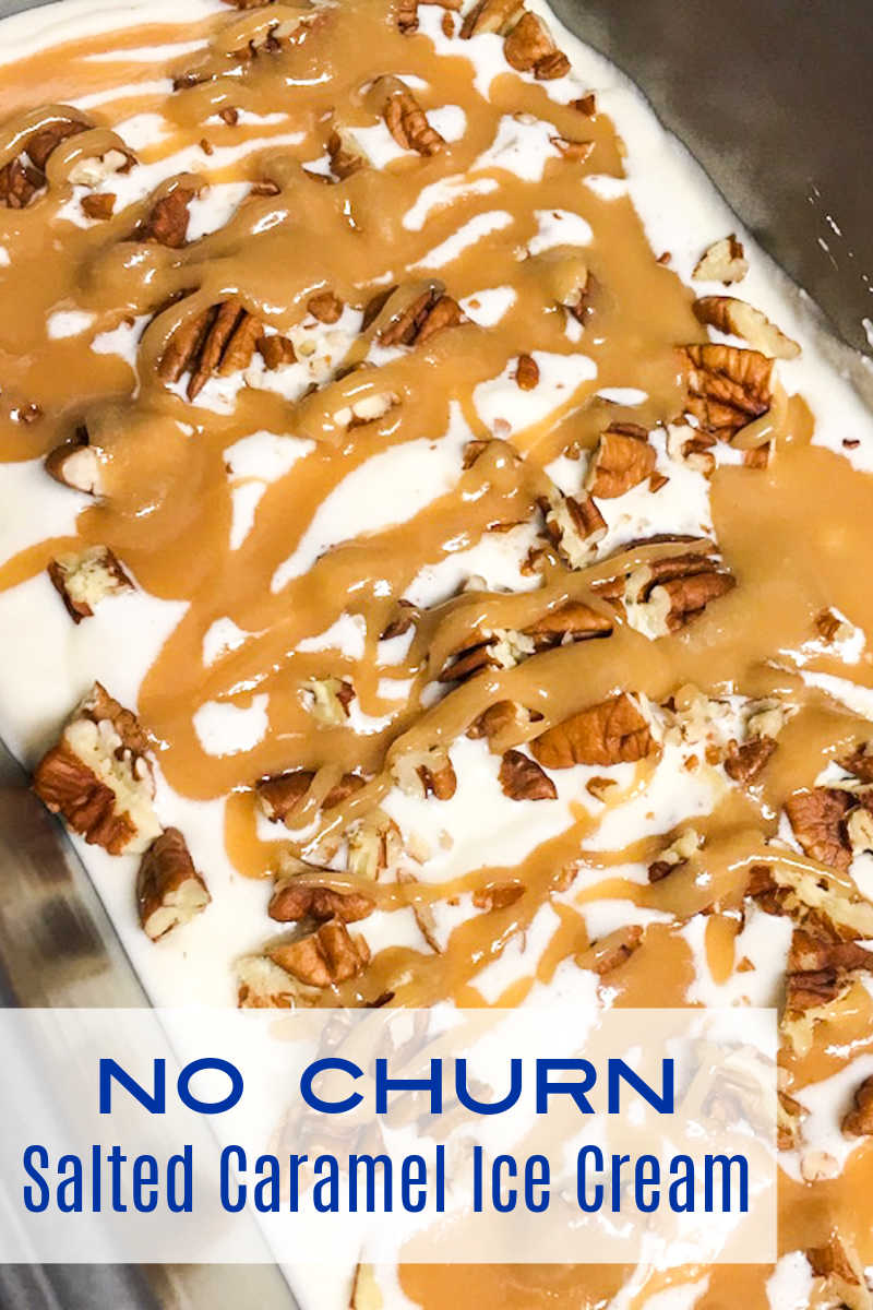 Pan of no churn caramel ice cream.
