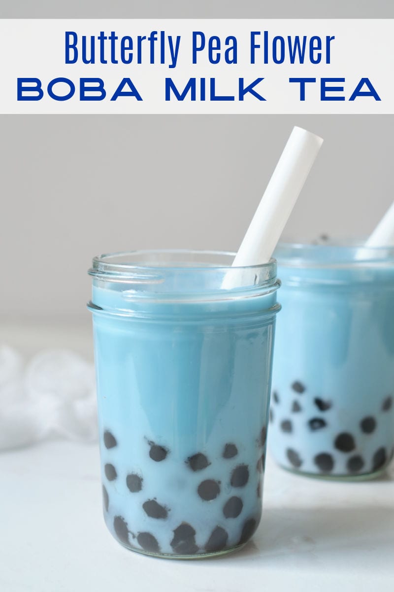 Blue boba milk tea is delicious and the beautiful color is all natural, since the bubble tea is made with butterfly pea flower tea.