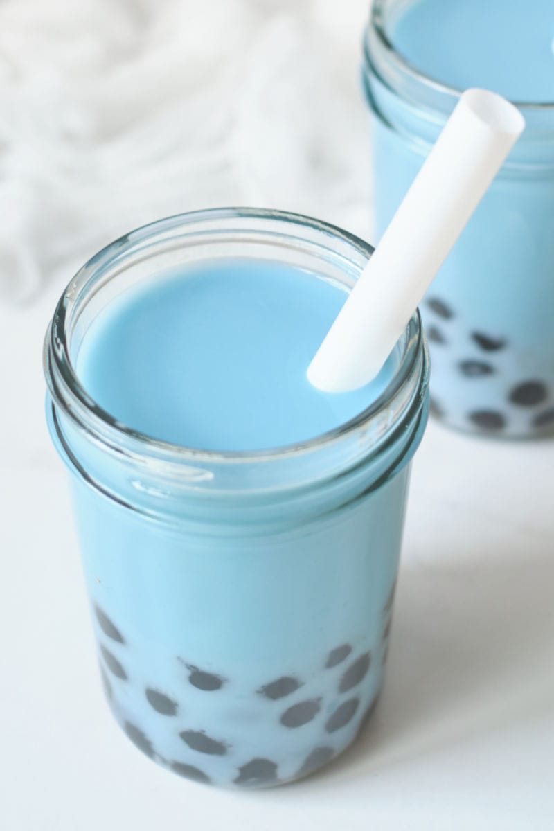 Blue boba milk tea is delicious and the beautiful color is all natural, since the bubble tea is made with butterfly pea flower tea.