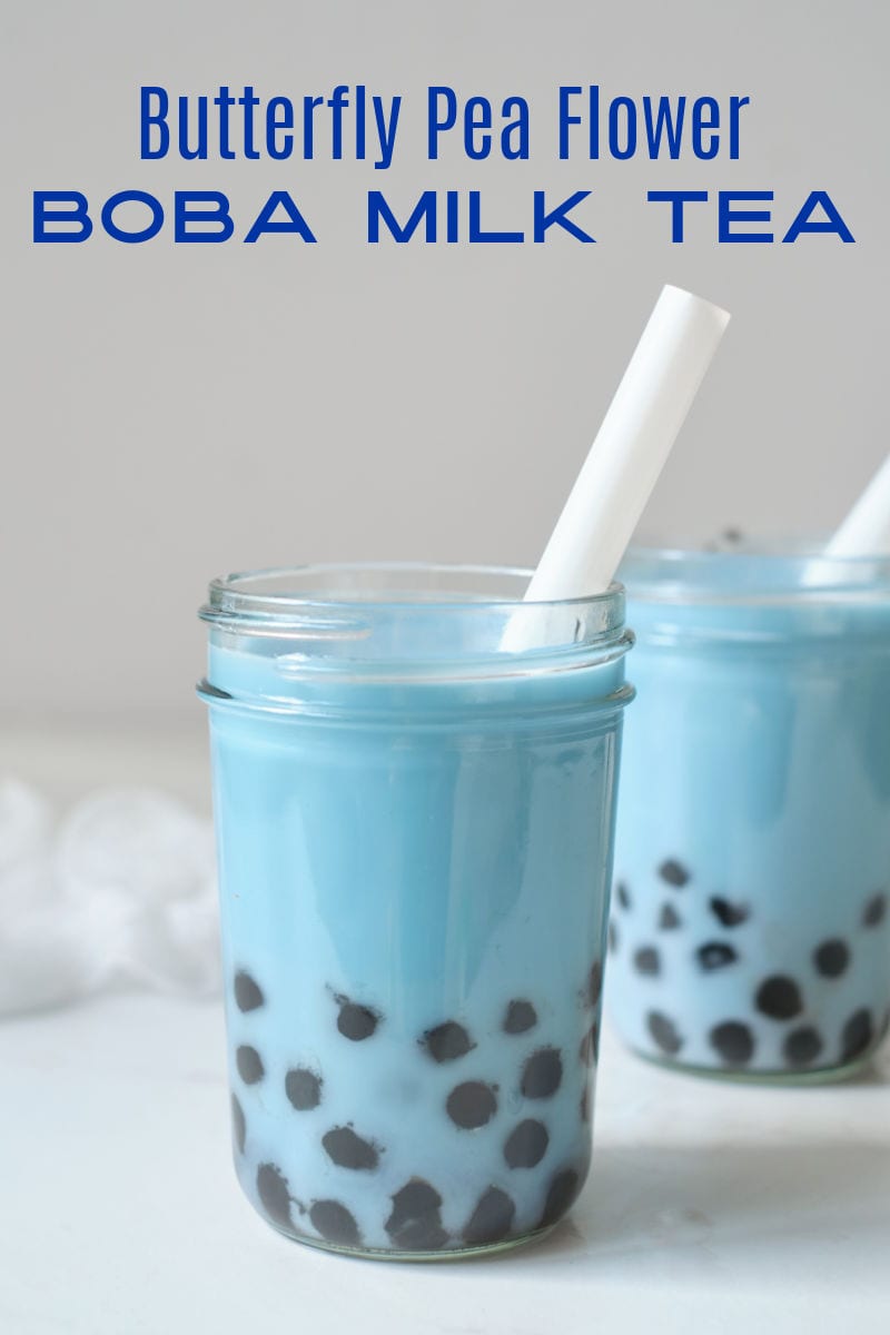 Blue boba milk tea is delicious and the beautiful color is all natural, since the bubble tea is made with butterfly pea flower tea.