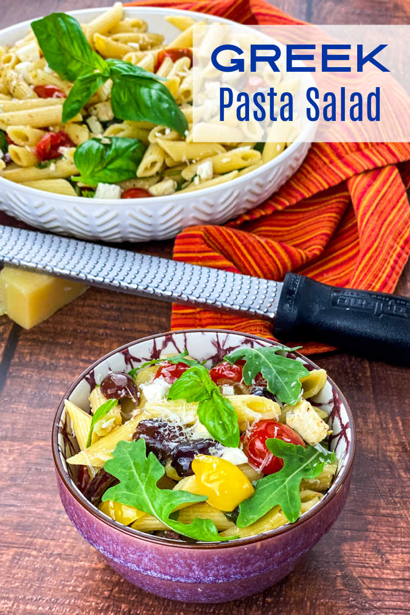 A Greek pasta salad with feta cheese is the perfect side dish, especially when it has a tangy lemon dressing and fresh ingredients.