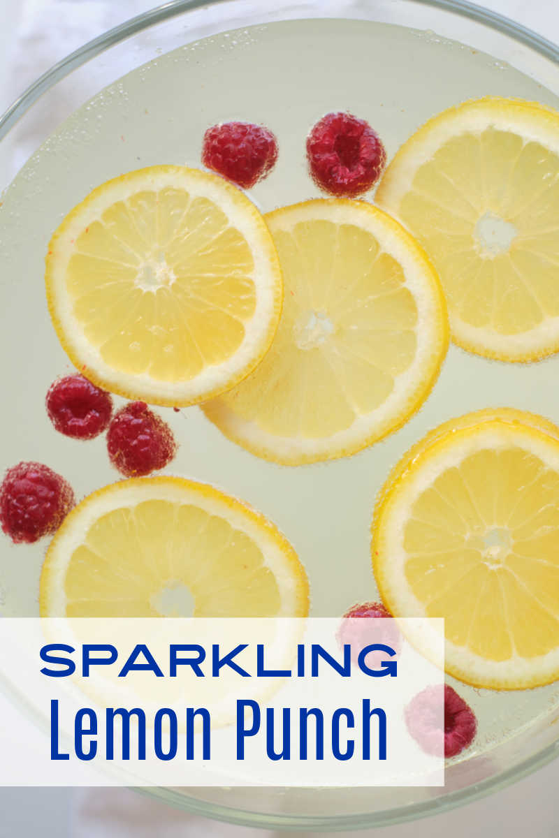 When you want a festive party punch without alcohol, make this sparkling lemonade punch garnished with lemon and raspberries.