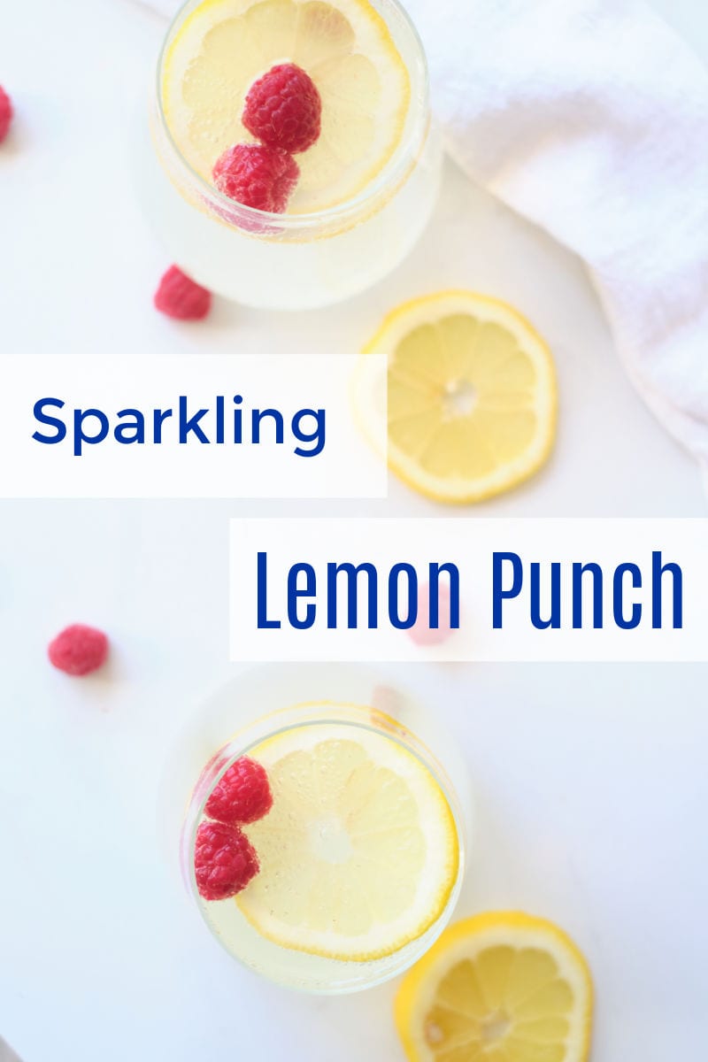 When you want a festive party punch without alcohol, make this sparkling lemonade punch garnished with lemon and raspberries.