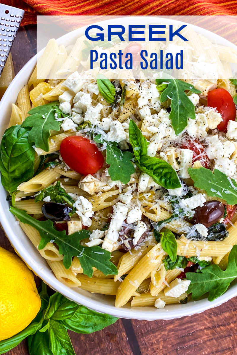 A Greek pasta salad with feta cheese is the perfect side dish, especially when it has a tangy lemon dressing and fresh ingredients.