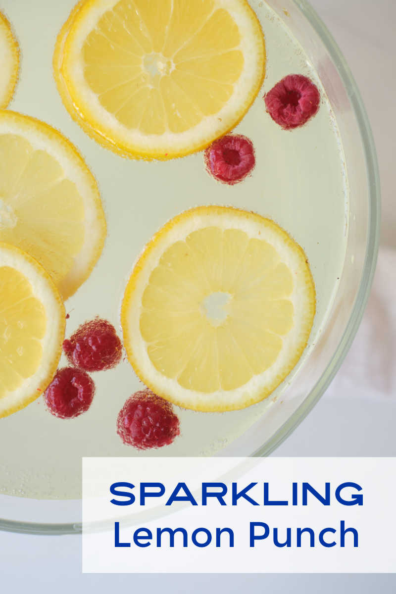 When you want a festive party punch without alcohol, make this sparkling lemonade punch garnished with lemon and raspberries.