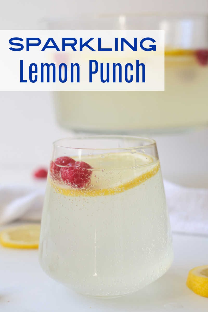 When you want a festive party punch without alcohol, make this sparkling lemonade punch garnished with lemon and raspberries.