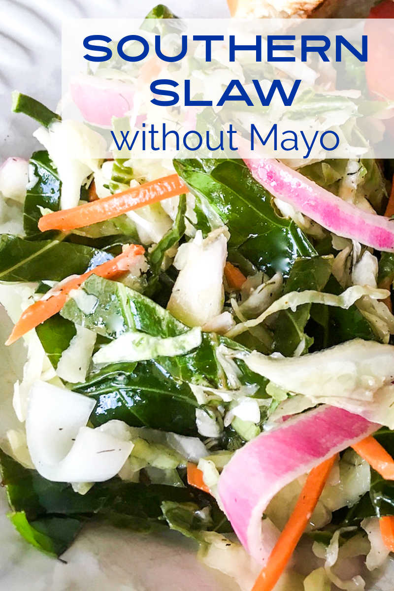 Make this delicious no mayo southern coleslaw, when you want a crunchy Summer salad or a topping for a burger or sandwich.