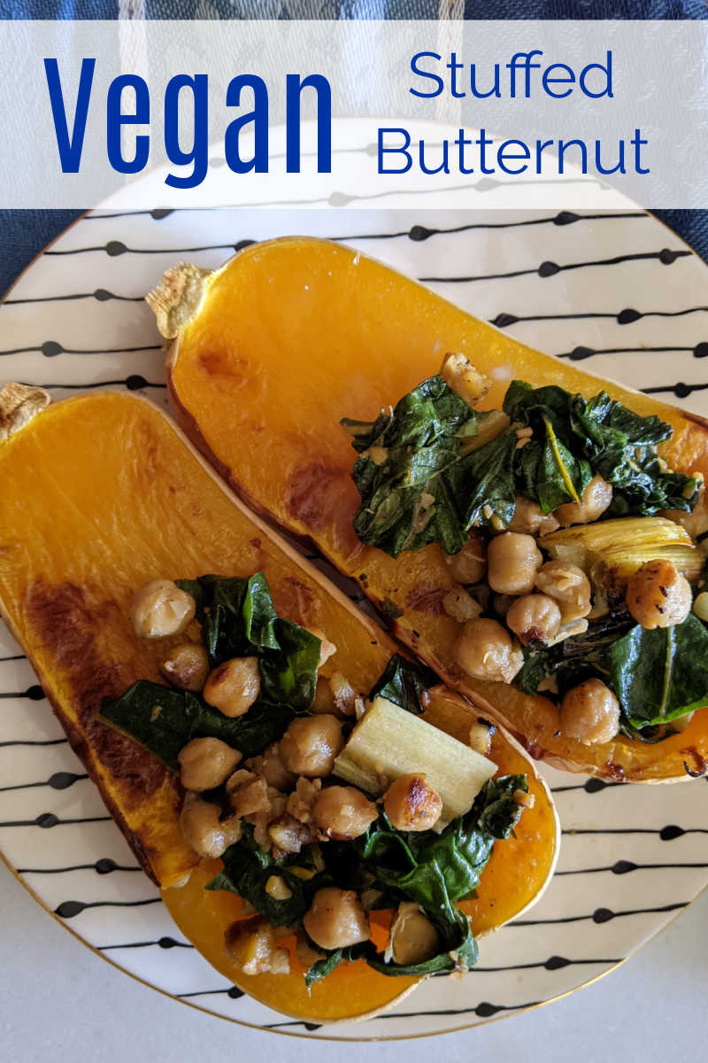 This vegan stuffed butternut squash is roasted is filled with a flavorful mix of chard and chickpeas, so it is delicious.