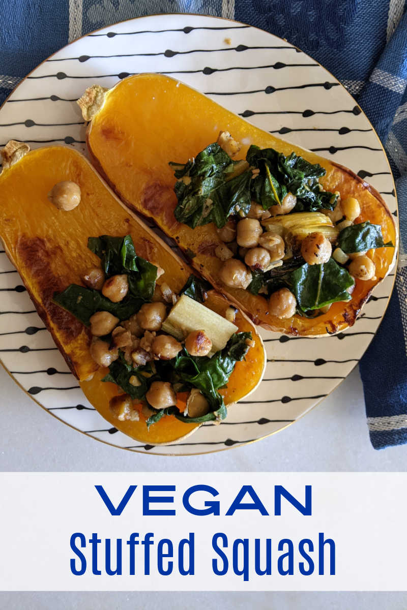 This vegan stuffed butternut squash is roasted is filled with a flavorful mix of chard and chickpeas, so it is delicious.