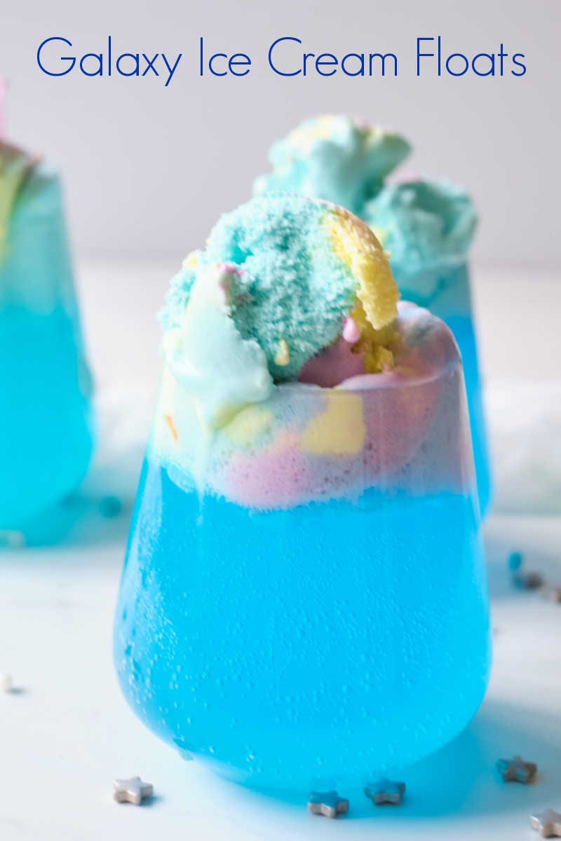 Enjoy an out of this world galaxy party treat, when you make an easy blue ice cream float with a floating ice cream planet in it.