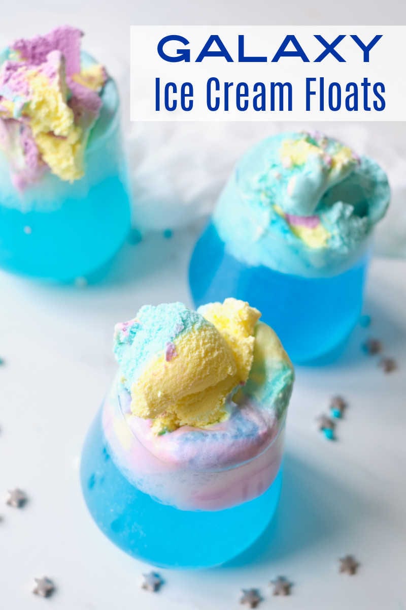 Enjoy an out of this world galaxy party treat, when you make an easy blue ice cream float with a floating ice cream planet in it.