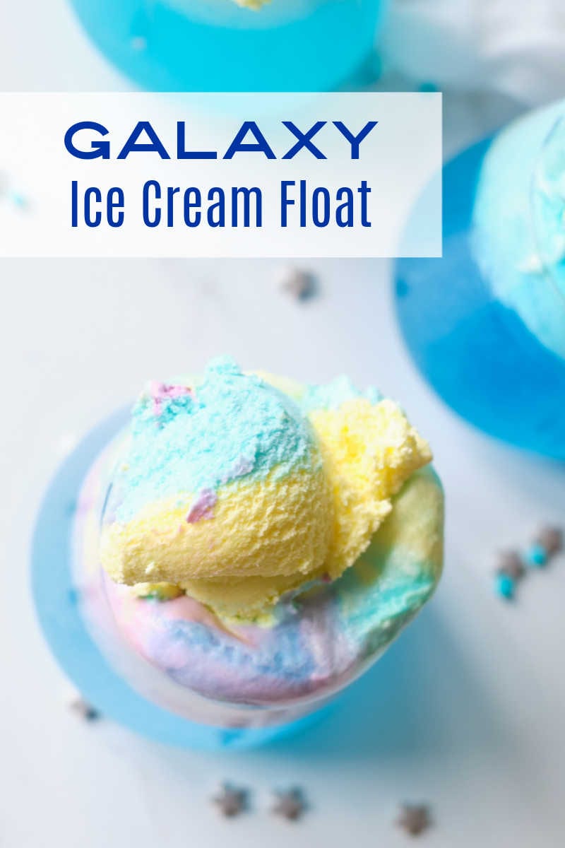 Enjoy an out of this world galaxy party treat, when you make an easy blue ice cream float with a floating ice cream planet in it.