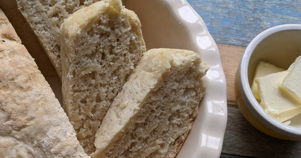 slices of bread baked in a ceramic pie dish