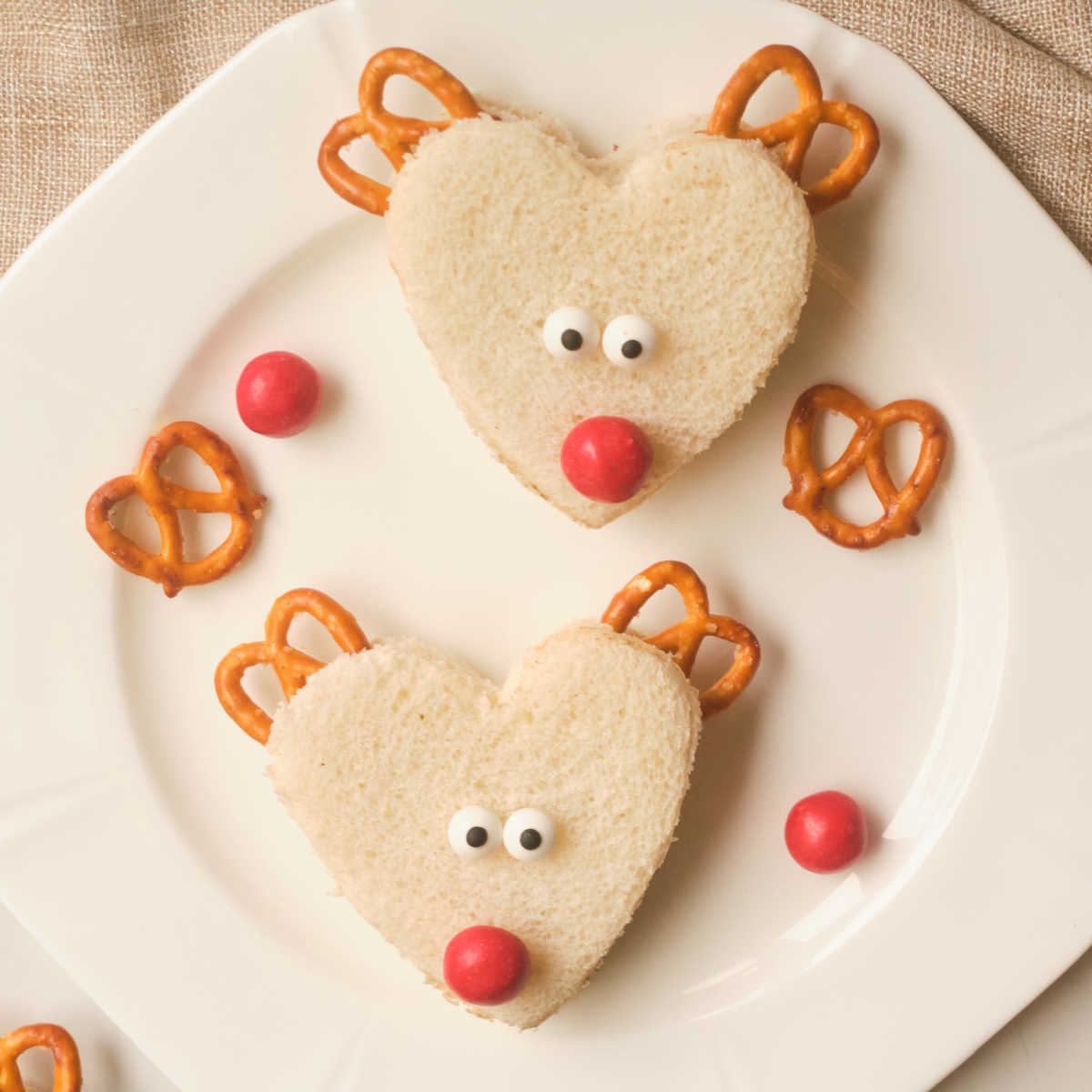 2 reindeer nutella sandwiches on plate