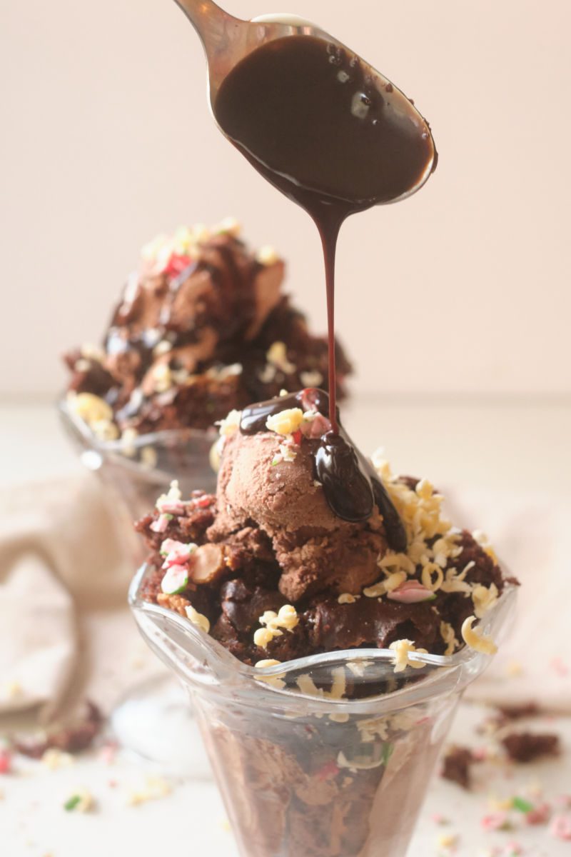 There is no need to follow the directions on the box, when you make this decadent elevated cake mix fudge cake sundae. 