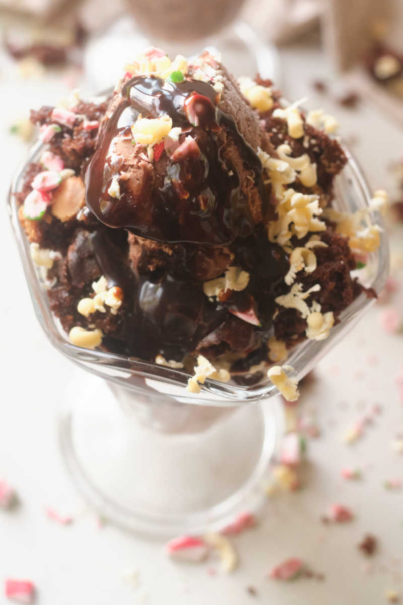 There is no need to follow the directions on the box, when you make this decadent elevated cake mix fudge cake sundae. 