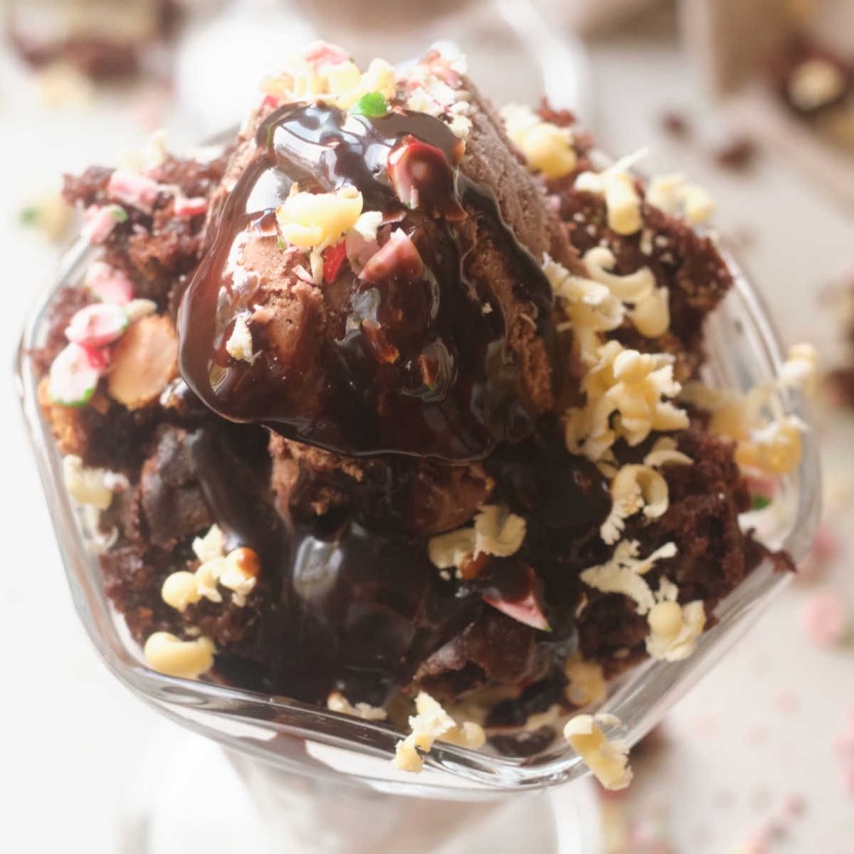 ice cream sundae with fudge cake