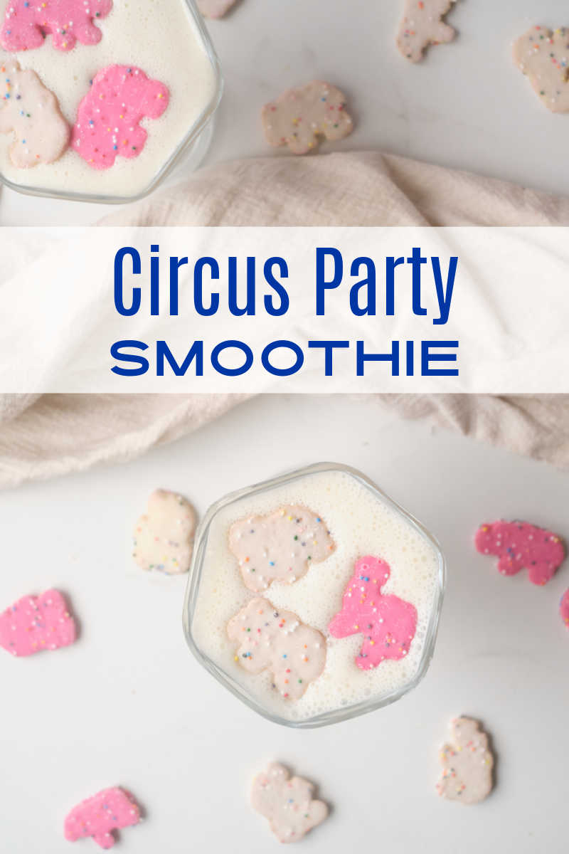 Make any occasion special, when you sip on a fun circus party smoothie topped with pink and white frosted animal cookies. 