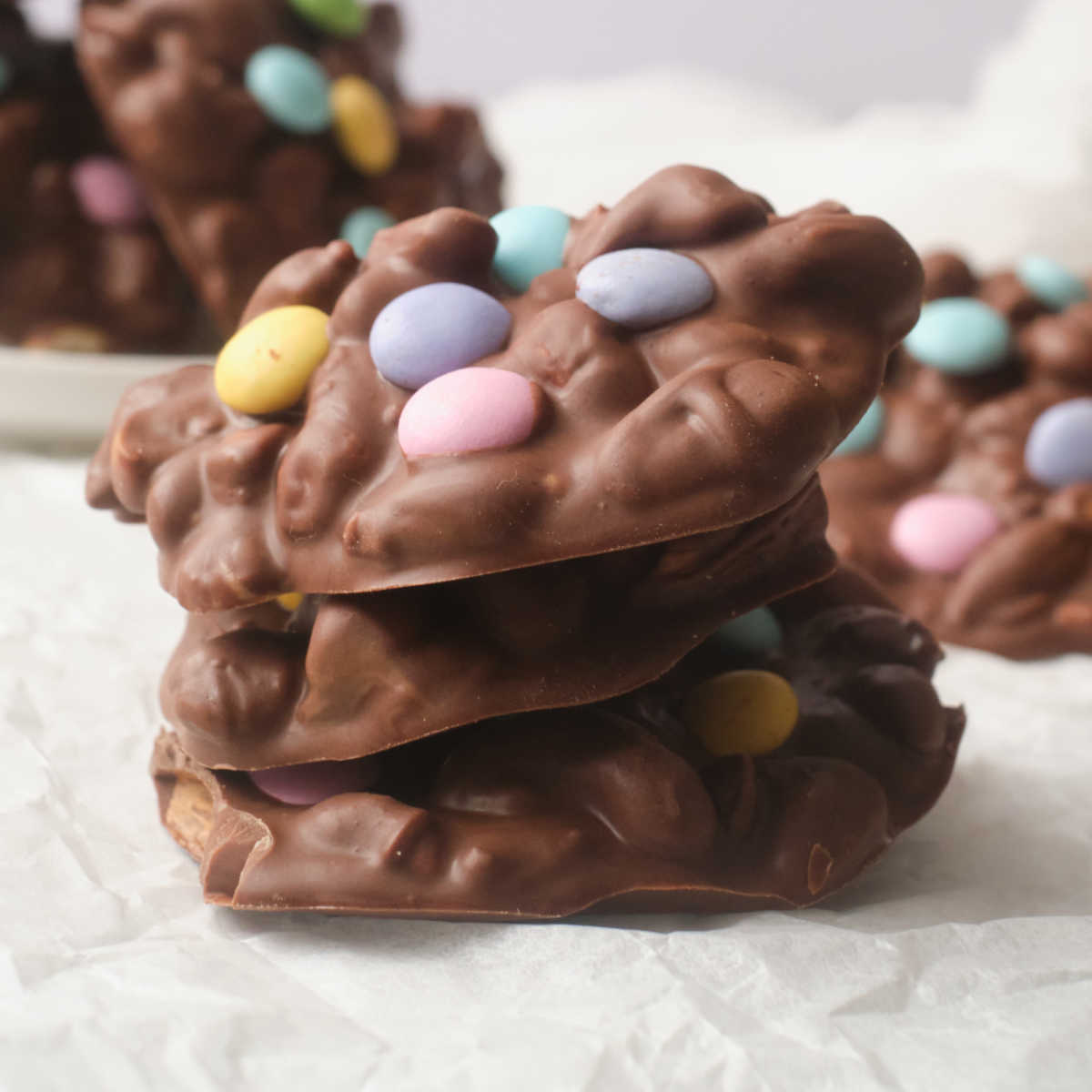 stack of spring chocolate nut clusters