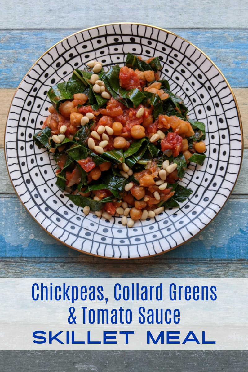 An easy vegan skillet recipe with collard greens, chickpeas and tomato sauce is perfect, when you want a satisfying no-stress meal. 