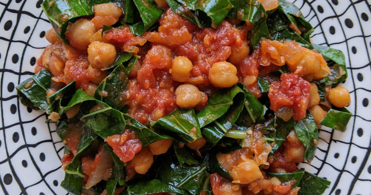 collard chickpea and tomato vegan skillet recipe