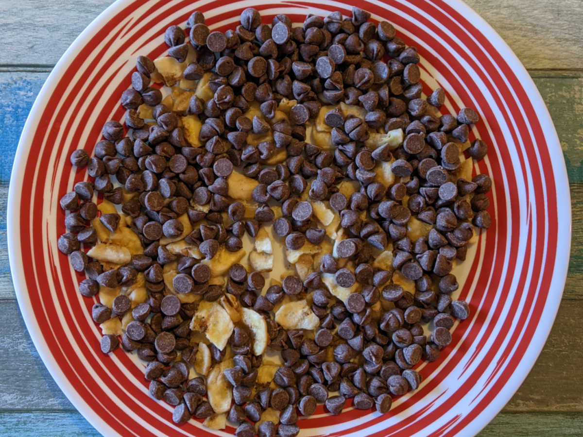chocolate chips and crumbled banana chips