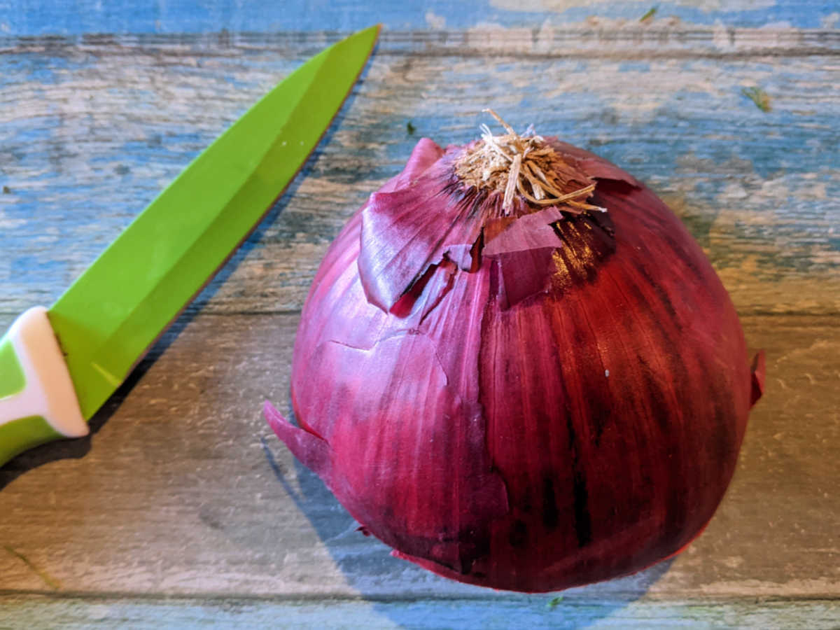 knife with red onion