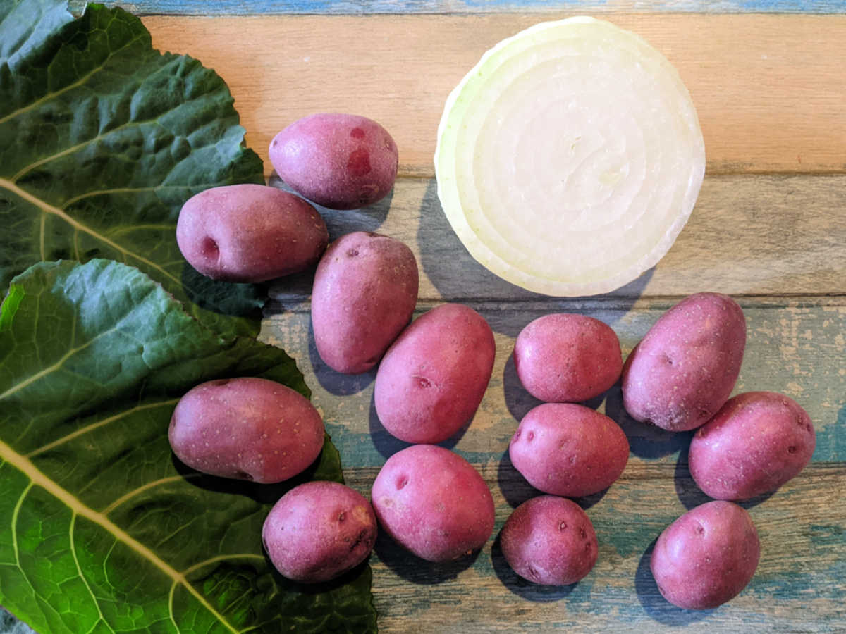 ingredients for breakfast potatoes and collards recipe