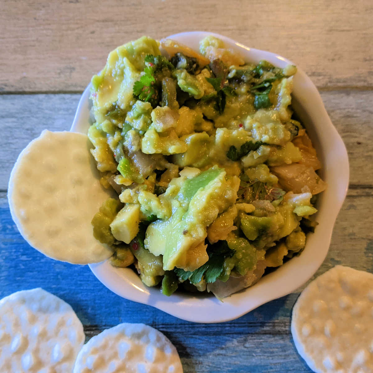 kimchi guacamole with rice crackers