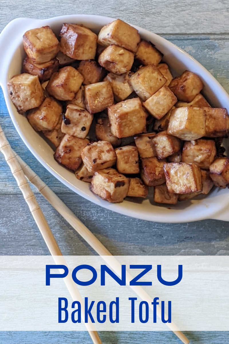 Easy to make ponzu baked tofu is a tasty appetizer on it's own and can also be the protein added to a healthy balanced meal. 