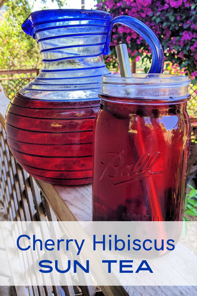 Cherry hibiscus sun tea is a refreshing summer drink made with hibiscus flowers, fresh cherries, and zero calorie erythritol.