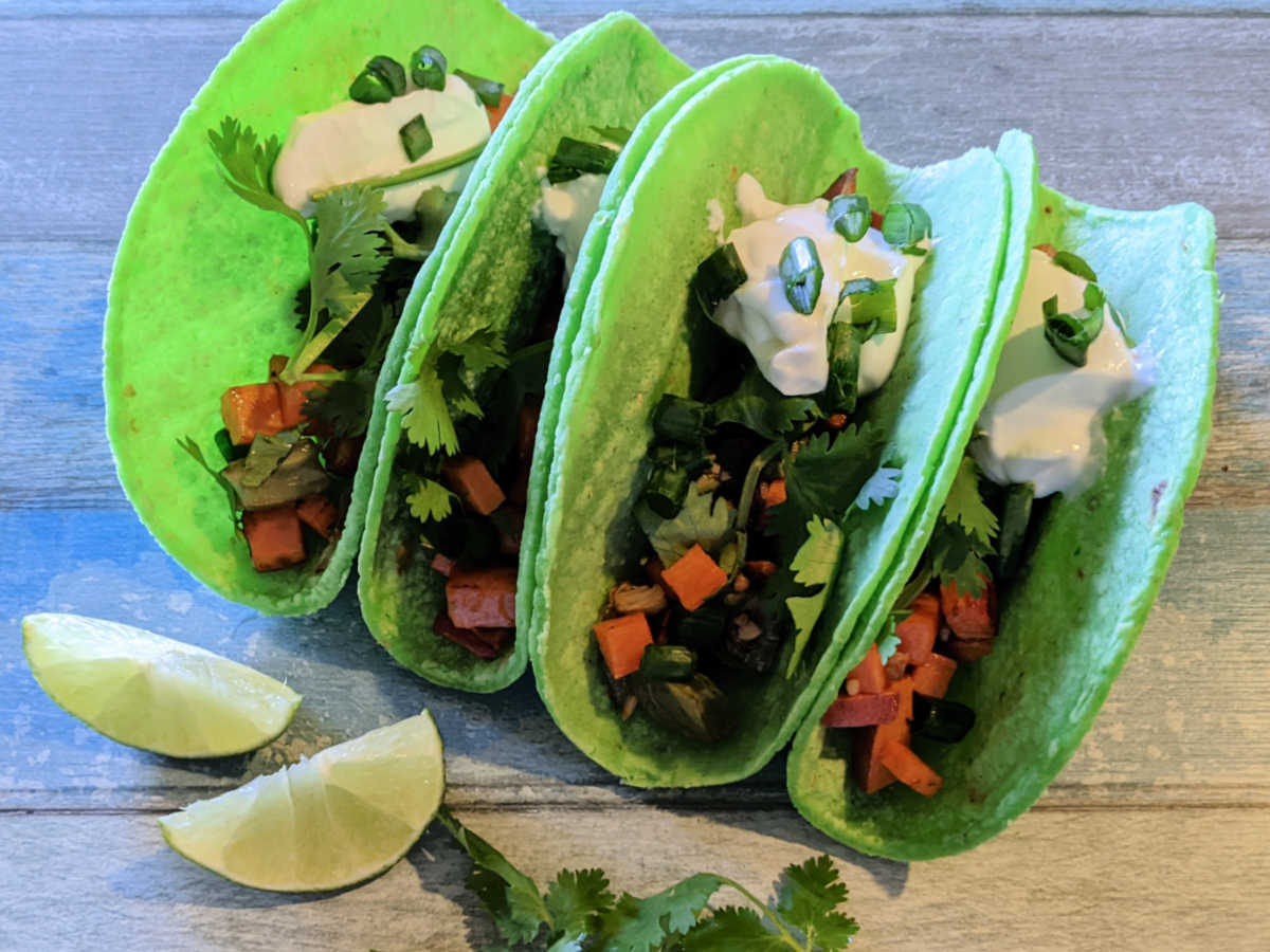 four nopal sweet potato tacos