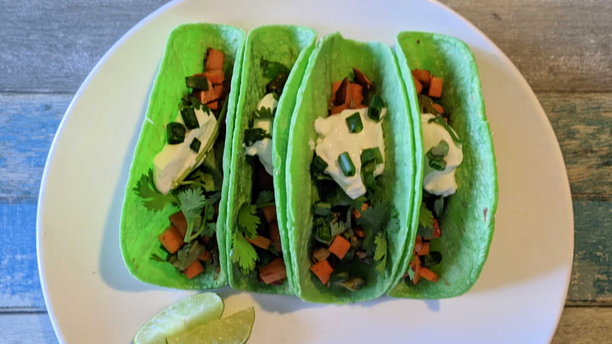 nopal and sweet potato tacos on plate