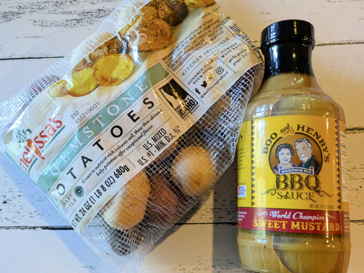 melissas gemstone potatoes package and mustard bbq sauce