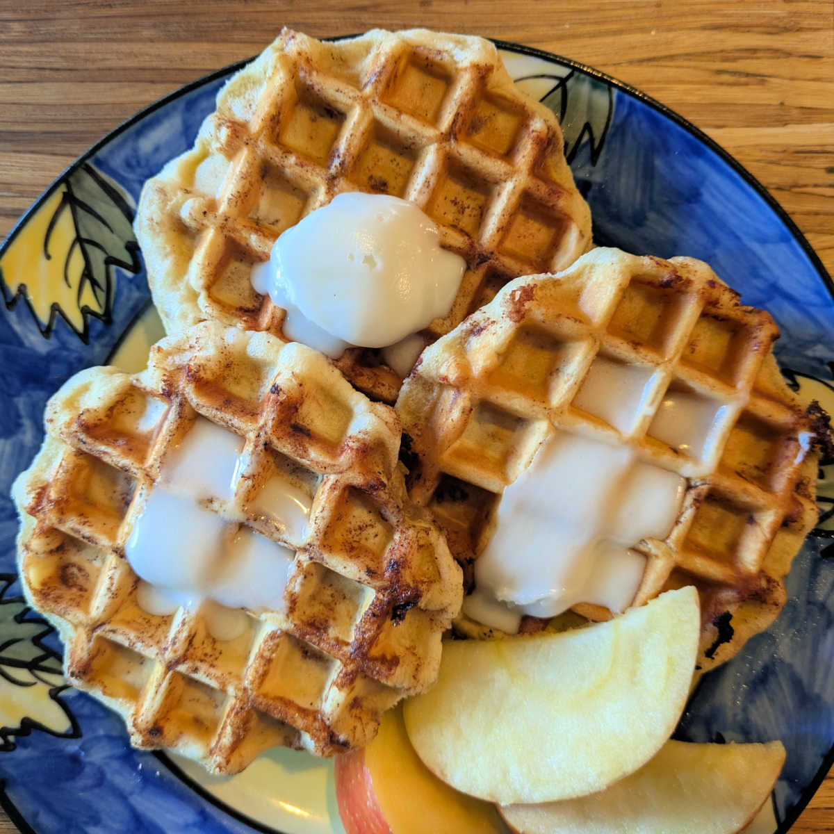 easy cinnamon roll waffles on plate