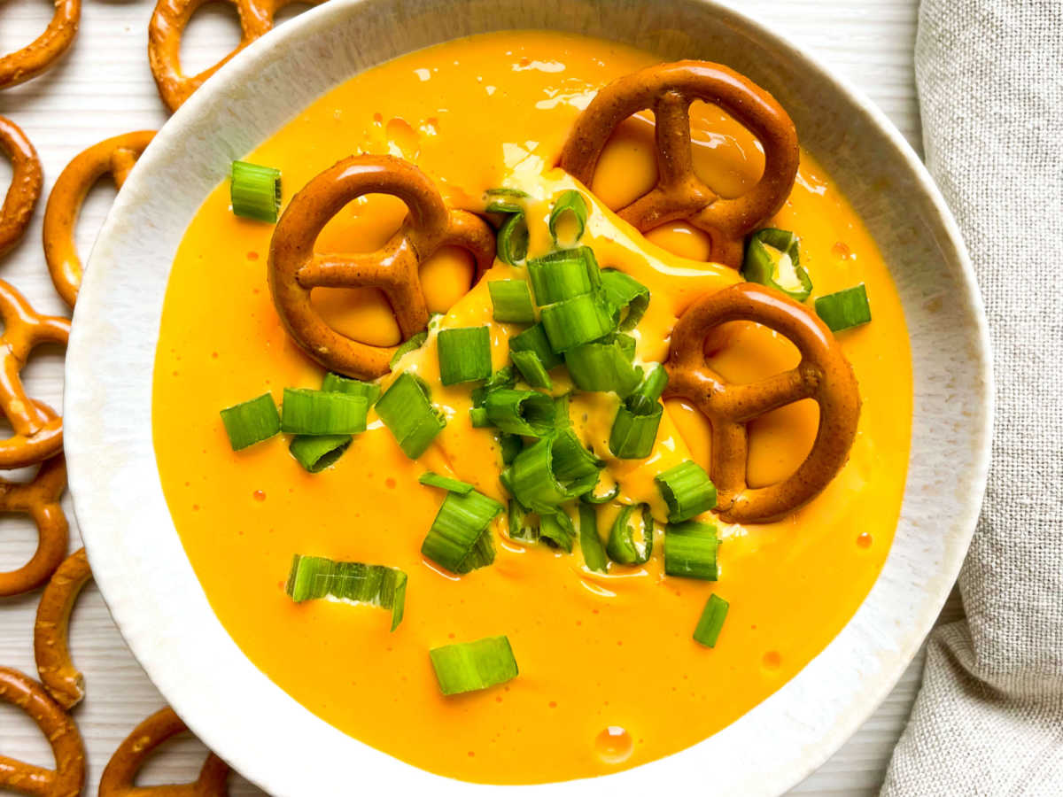 pretzels in warm beer cheese dip